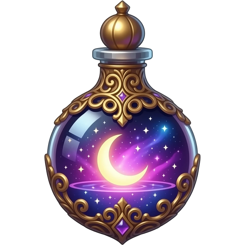 ornate glass vial with metallic filigree, swirling cosmic nebula inside, glowing purple‑pink‑blue light, crescent moon and tiny stars suspended in liquid, ethereal magical atmosphere emoji
