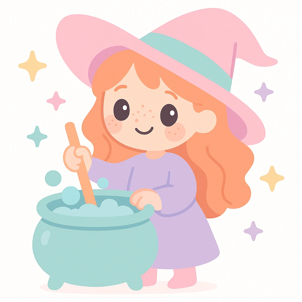 a cute ginger witch stirring a bubbling cauldron, freckles, mischievous smile, whimsical style emoji