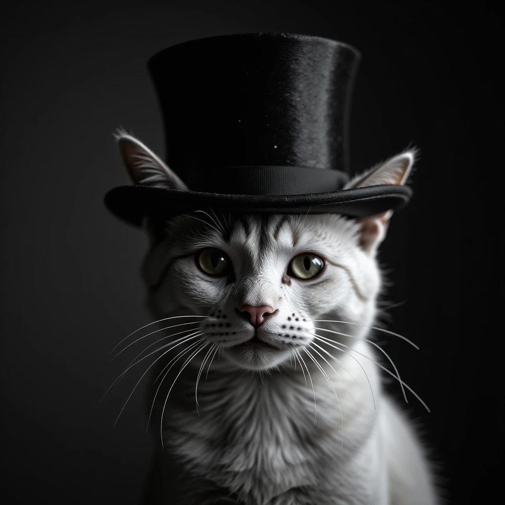 photorealistic black and white image of a cat wearing a top hat, studio lighting emoji