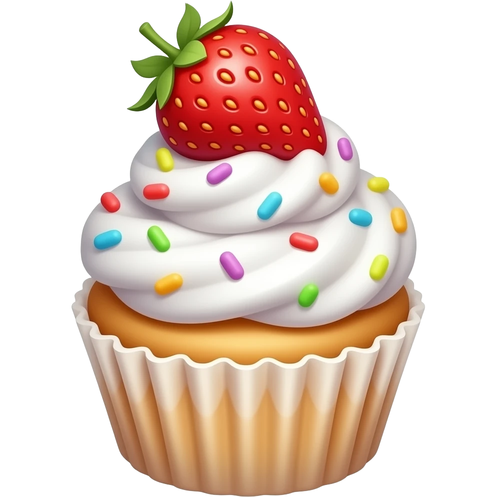 A cupcake topped with white whipped cream, colorful rainbow sprinkles, and a fresh strawberry on top, soft lighting, clean background emoji
