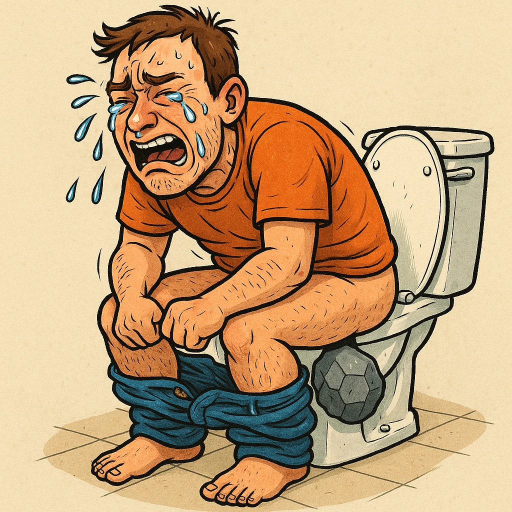 a man pooping a rock and crying, in a clear, expressive style emoji