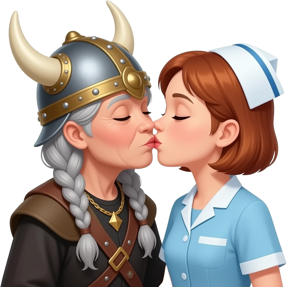 Viking helmet female opera singer older woman with gray braids kissing older shortest auburn hair nurse female couple emoji