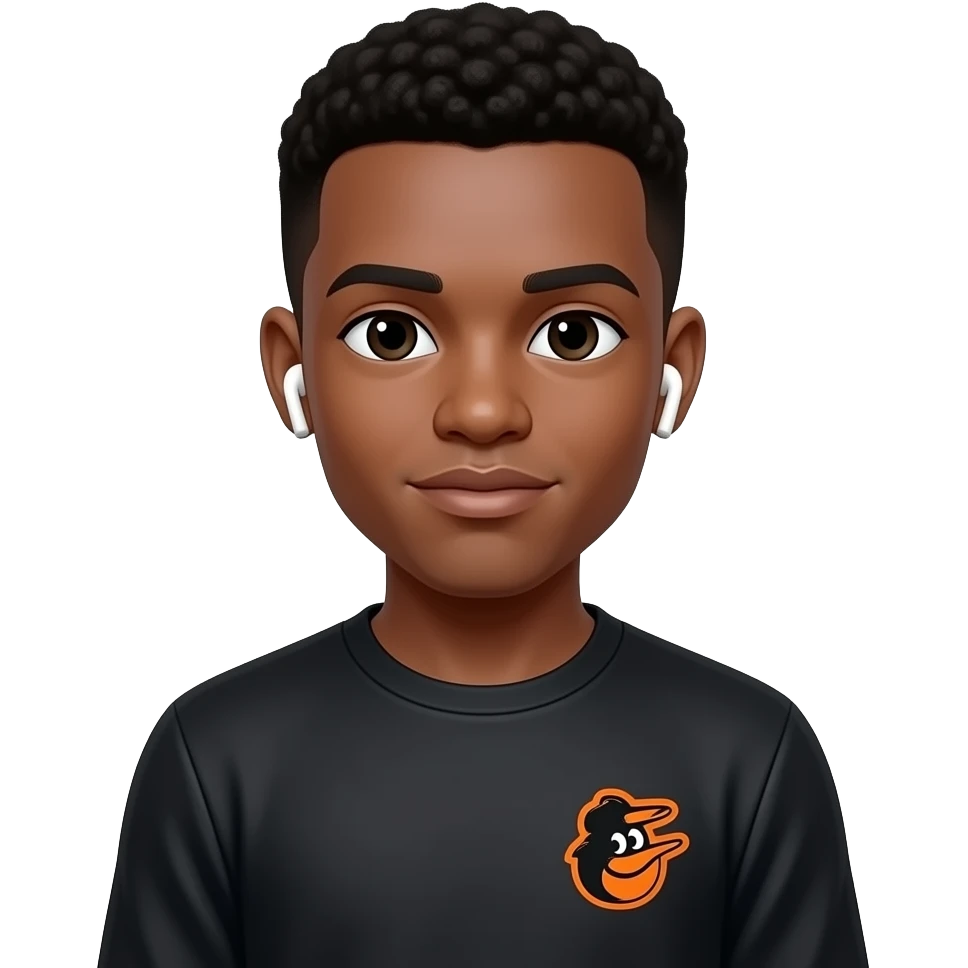 make a cute 20 year old man who’s skin is black wearing white color airpods in a black long sleeve that says orioles in orange emoji
