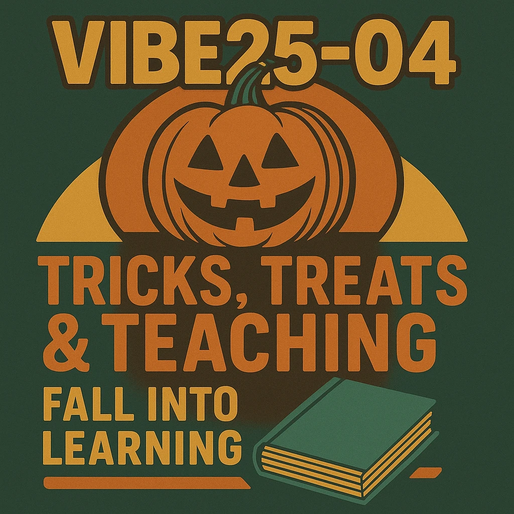 Create a logo that uses both of these images.  Words should read "VIBE25-4: Tricks, Treats & Teaching, Fall into Learning" emoji