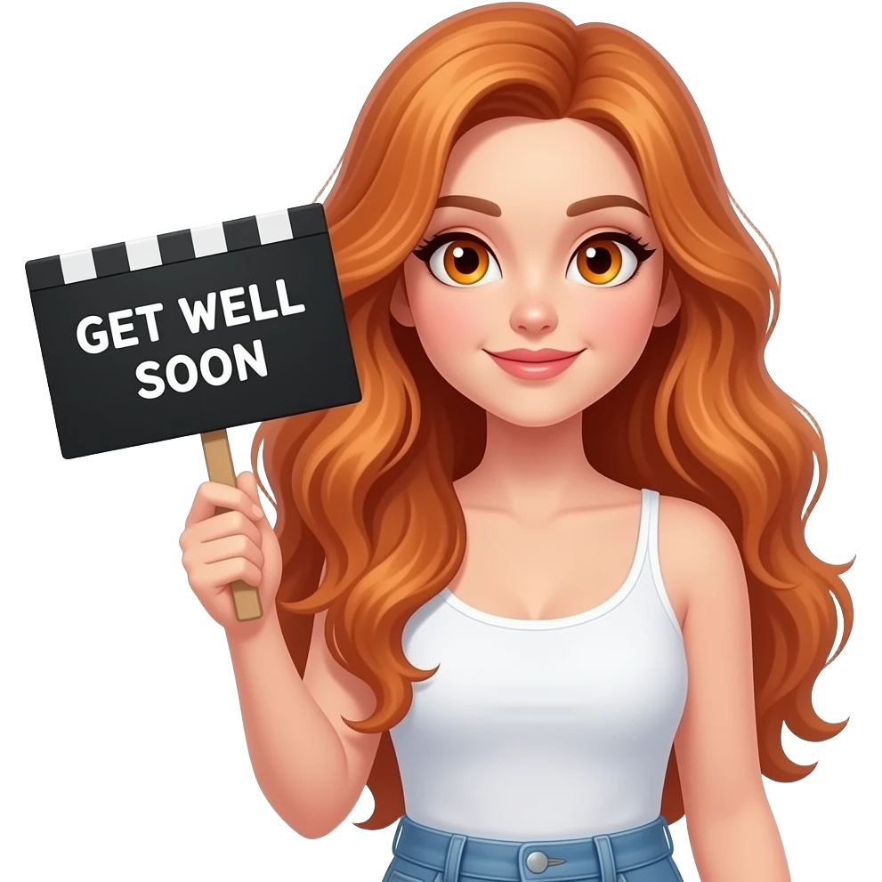 sexy girl with long wavy ginger hair and ginger eyes wearing a white tanktop is holding a black colored sign with GET WELL SOON written on it emoji