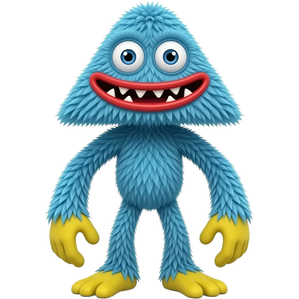 Create a blue furry monster with a upside down triangular face, giant eyes, red lips, and sharp teeth. Its body is tall, skinny, and covered in fluffy blue fur. The hands and feet are large and yellow. Add a visible torso, long limbs, messy fur texture, cartoon style, and creepy playful expression. emoji