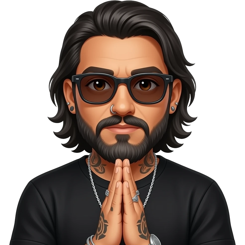 The handsome manly Latino podcast host with medium length hair, a long slightly graying beard and tattoos with his ears pierced 1 time each ear and a nose ring on the right side, dark brown eyes, wearing black, dark sunglasses, and jewelry, praying emoji