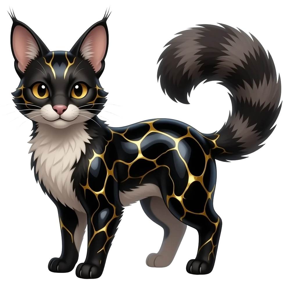 Hyper realistic obsidian fur etched with molten gold fault-lines and dark mirror shine beautiful elegant pretty precious cute Fakémon-Pokémon-opossum-feline-serval-caracal-chinchilla-Furret-Minccino-hybrid-creature with a big fluffy bushy tail (full body) emoji