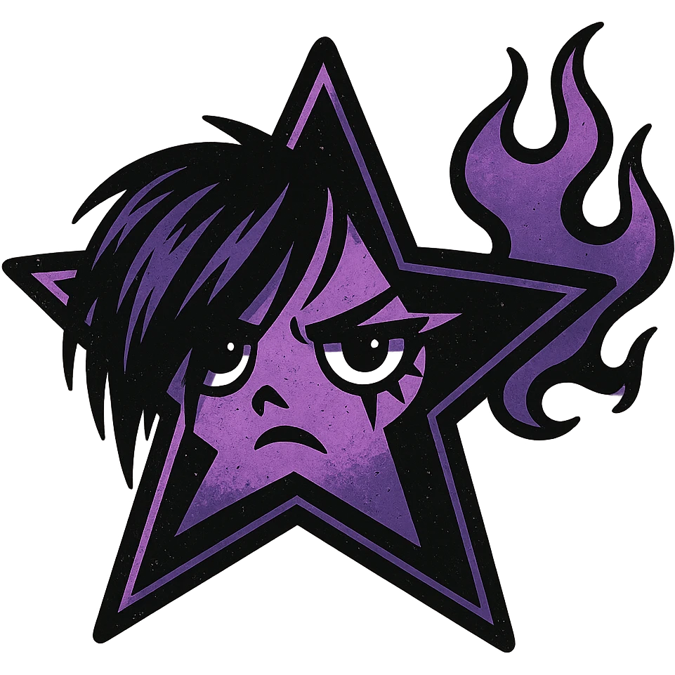 emo star with a flame, black and purple, expressive and stylish, no background emoji