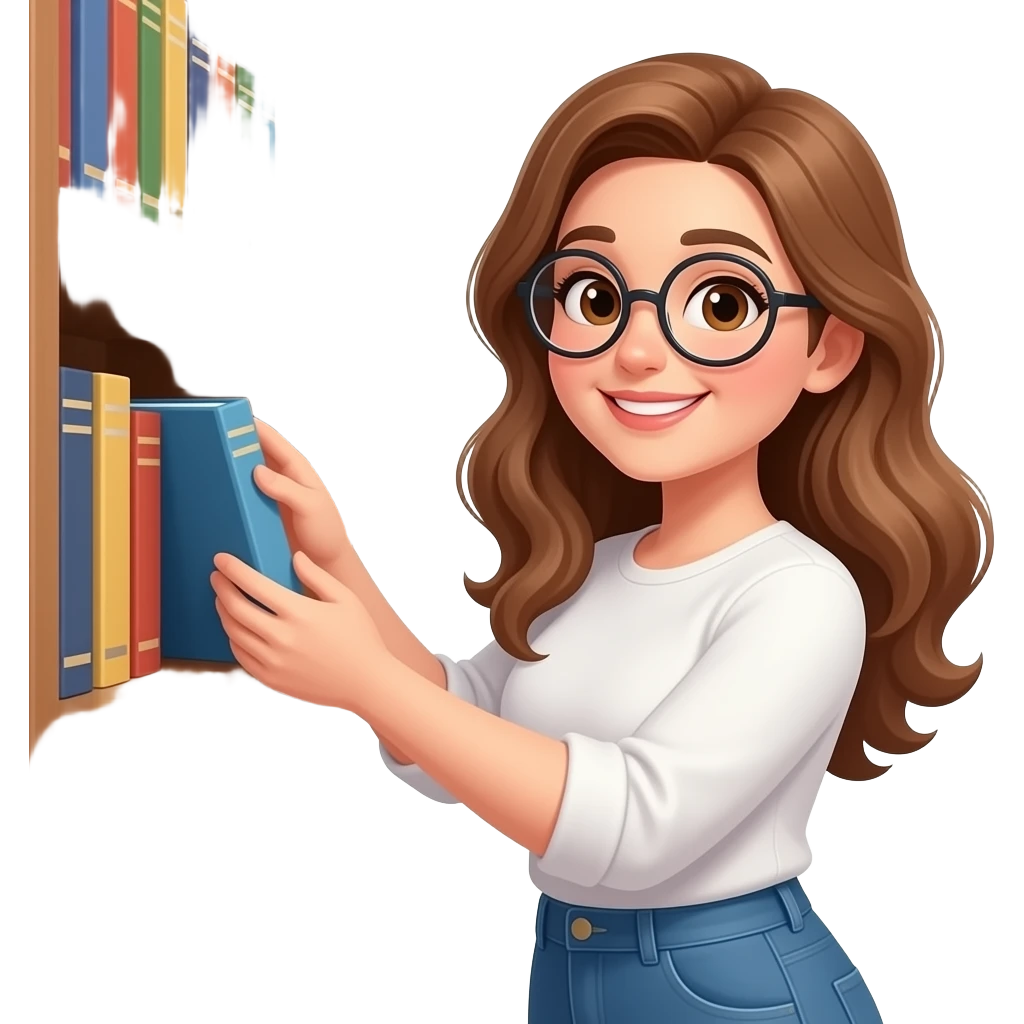 detailed emoji illustration of a curvy woman with long light brown wavy hair, light brown eyes and round glasses organizing books on a bookshelf, happy book lover vibe, cute emoji style emoji