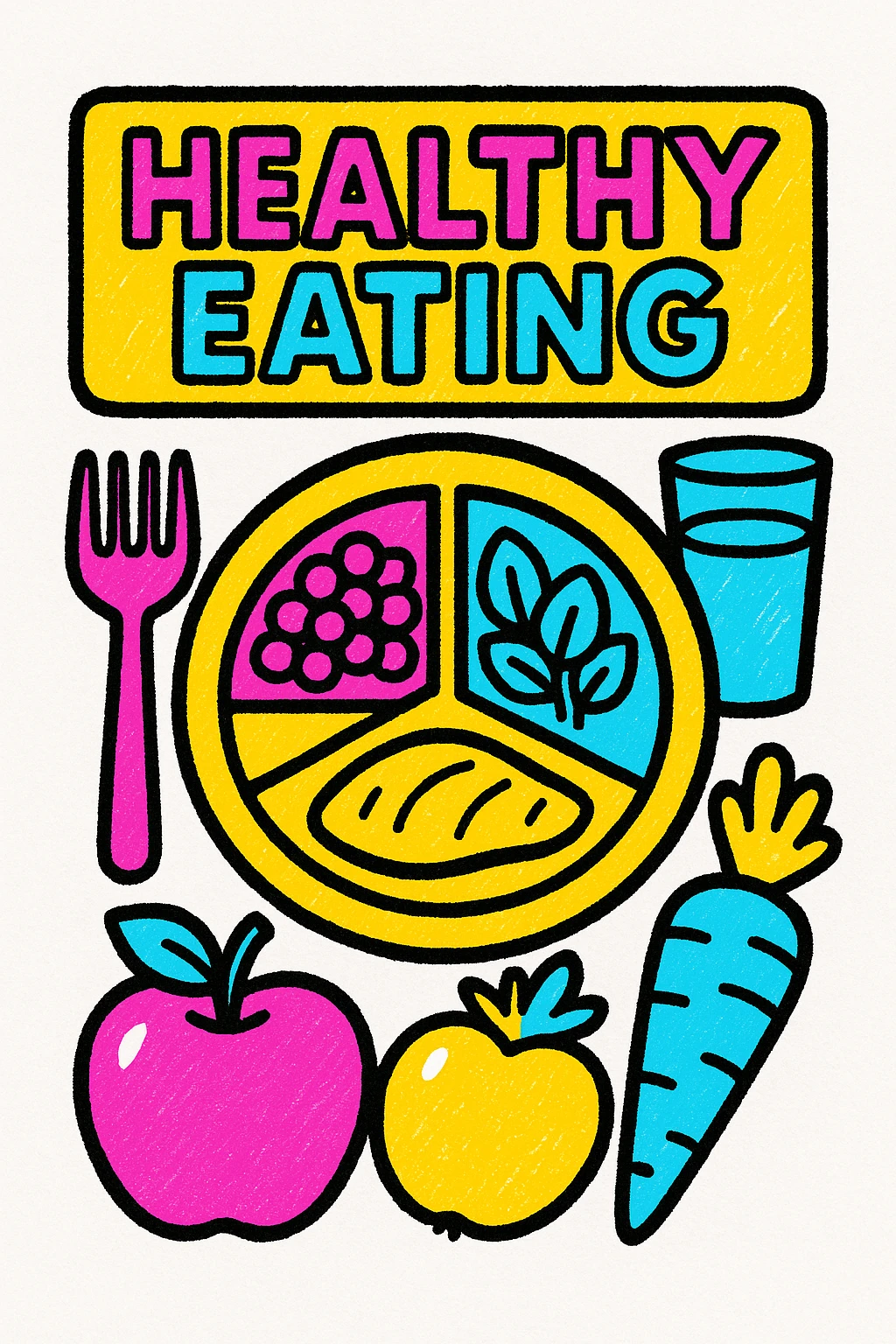 pop art infographic about healthy eating with bright colors, simple shapes, bold outlines, visuals including a balanced plate, fruits, vegetables, and water glass emoji