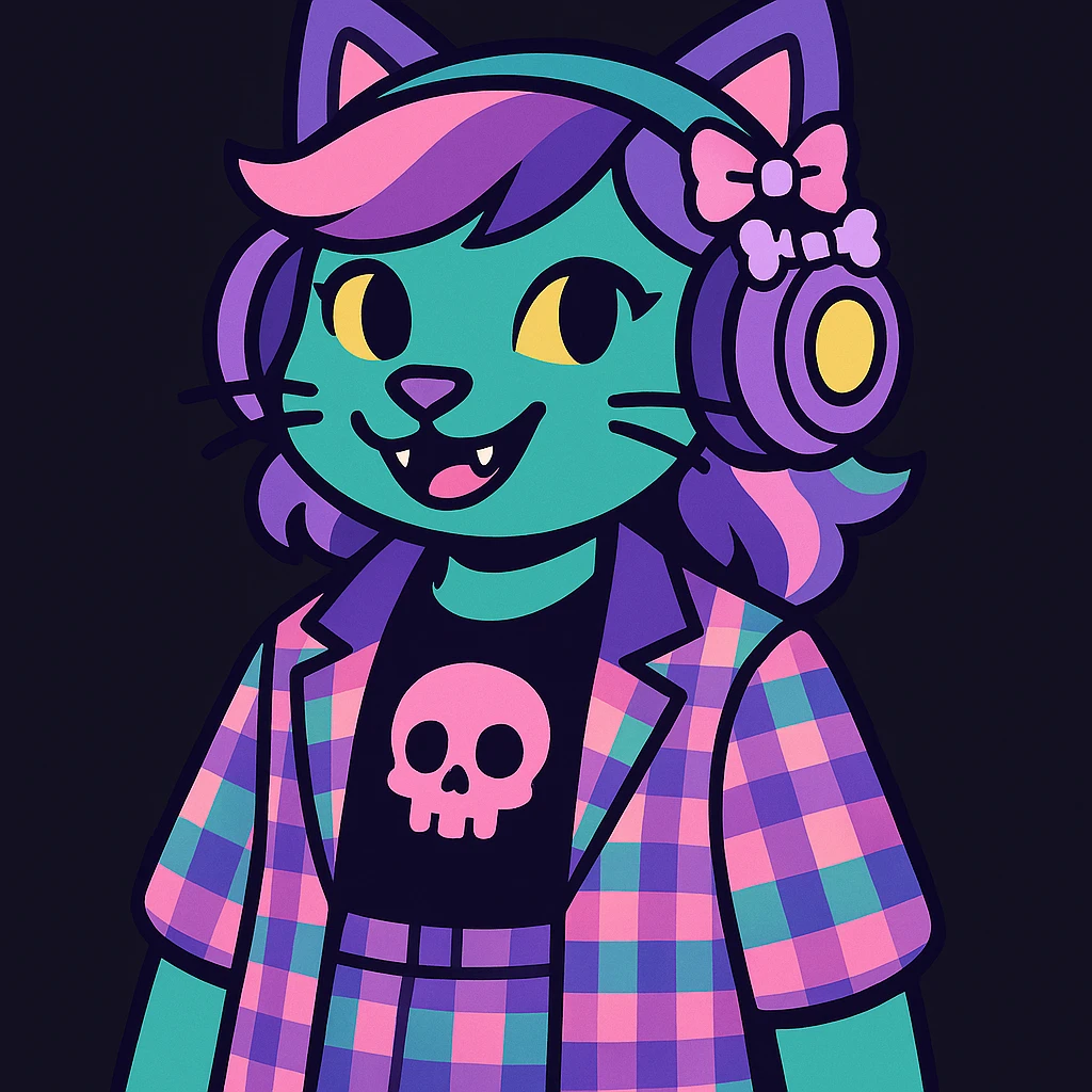 Add cute pastel goth hair clips to the cat ear headphones, keep the style and background as is. Maintain the original look and feel of the image. emoji