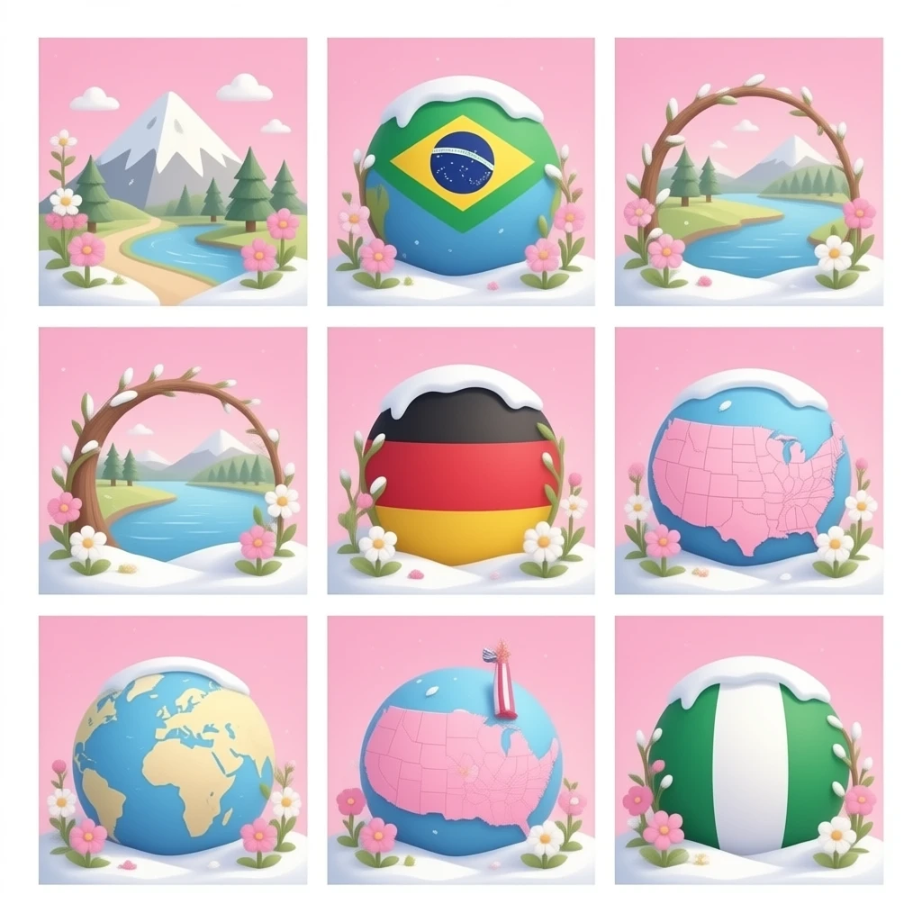 Japan, Brazil, Germany, United States, Australia, Nigeria all wrapped in pink and white vines and flowers and snow with a pink background emoji