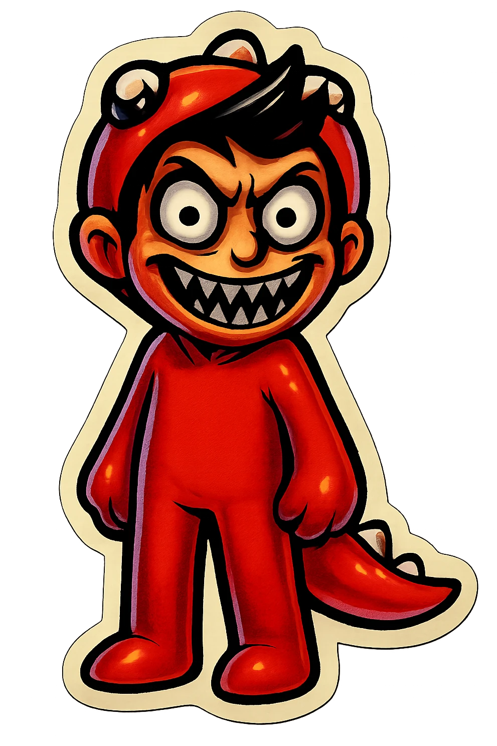 Change the red character's face to a horror/scary expression, such as wide eyes, sharp teeth, or a creepy smile. Keep the transparent background. emoji