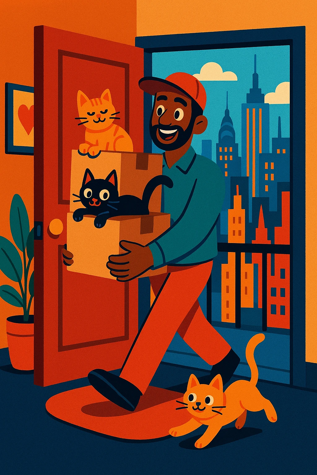 An Indian Black man carrying boxes with two cats, entering a NYC apartment, cityscape visible emoji