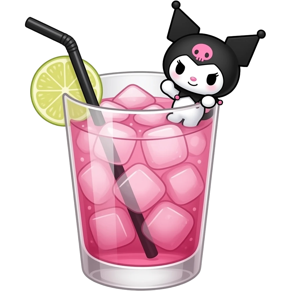 kuromi the sanrio character themed black and pink colored cocktail with actual illustration of kuromi as a garnish emoji