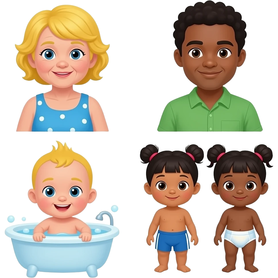 The baby in the bath  One yellow hair old woman With blue dress one baby yellow spiky hair And swim shorts one Afro hair Brown skin man And green shirt One baby Dark Skin Afro Hair And swim shorts Two Babies Asian Girl With Upper Ponytails One Baby Dark skin Afro Girls Hair And diapers emoji