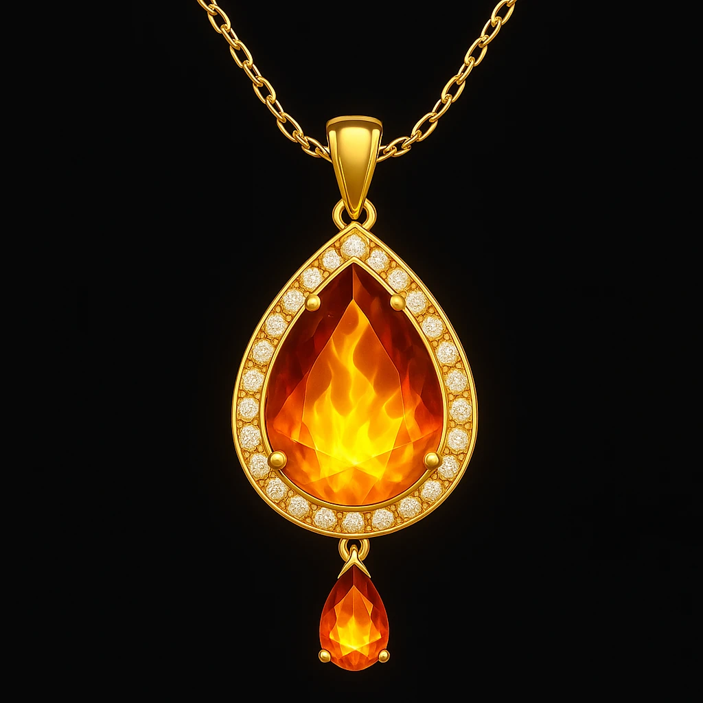 Add a yellow fiery light to the teardrop ruby pendant, representing transformation and rebirth emoji