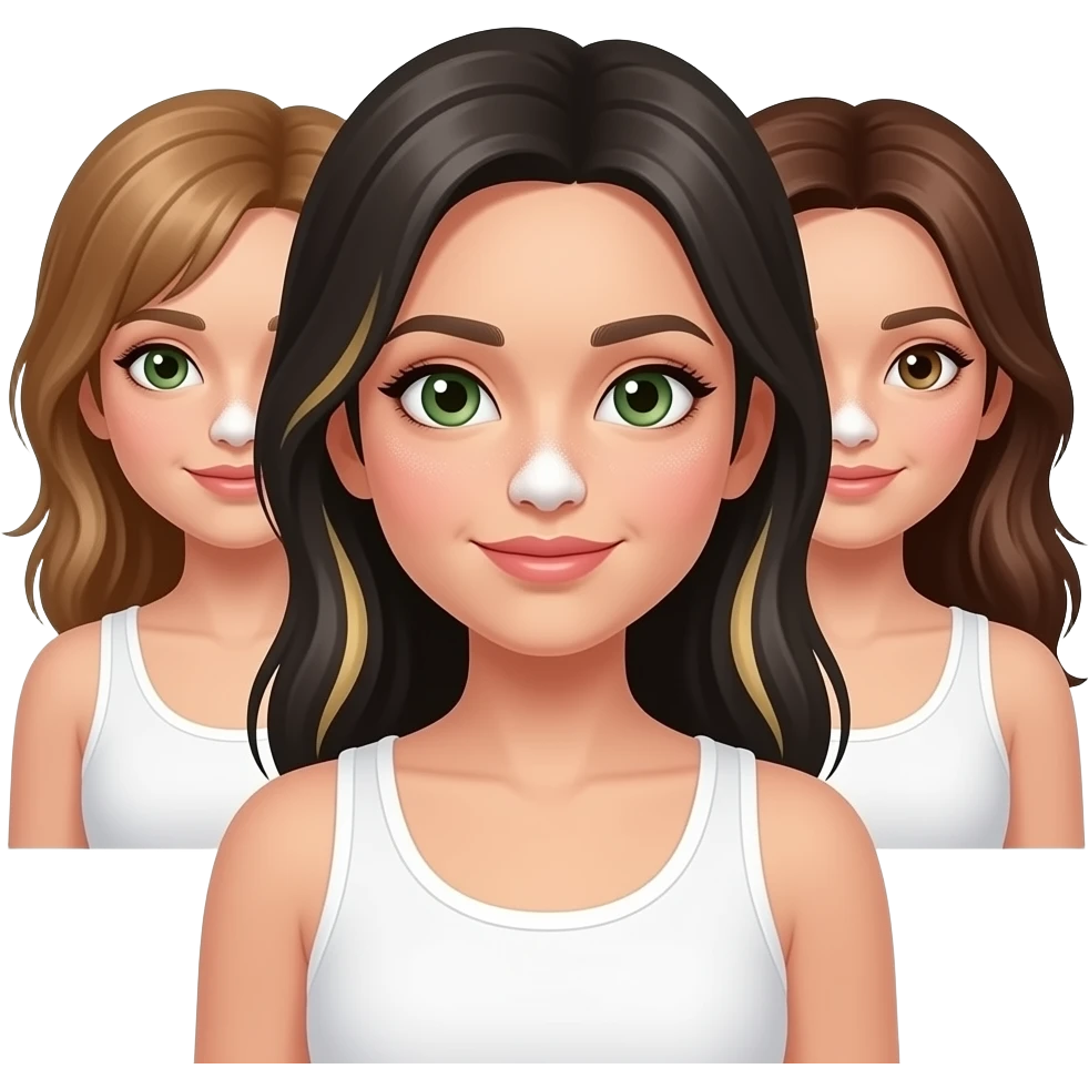 Three girls with white powder under their nose. One brownish blonde hair and green eyes with white tank top, one brunette hair, and one with brown eyes and black hair and blonde highlights in hair emoji