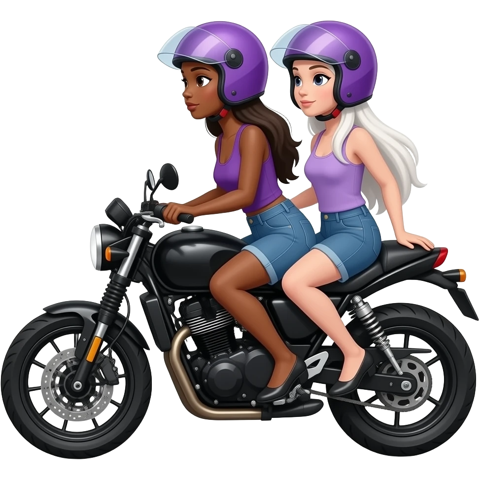 Mujer morena y mujer blanca cabello lacio largo blanca con casco lila y morado en moto negra emoji