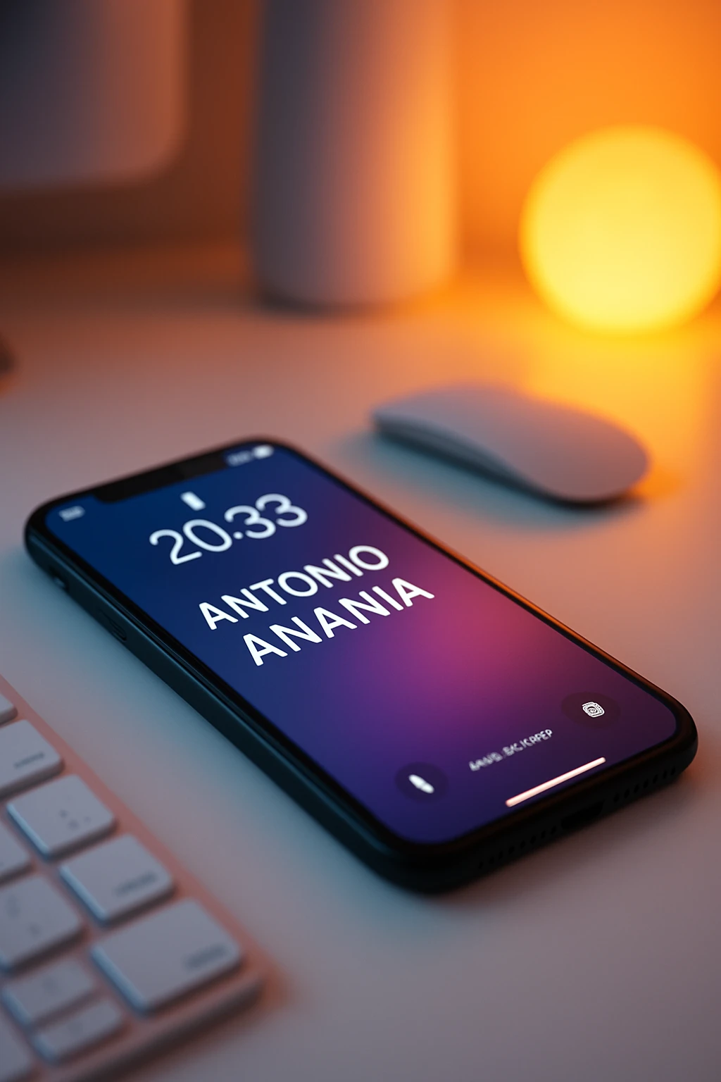 A photo of an iPhone on the desk with the message "Antonio Anania" on its screen, The phone sits atop a desk with a blurred background that suggests work environment. A faint glow from above casts gentle shadows across the surface of each object, creating depth and highlighting their textures emoji