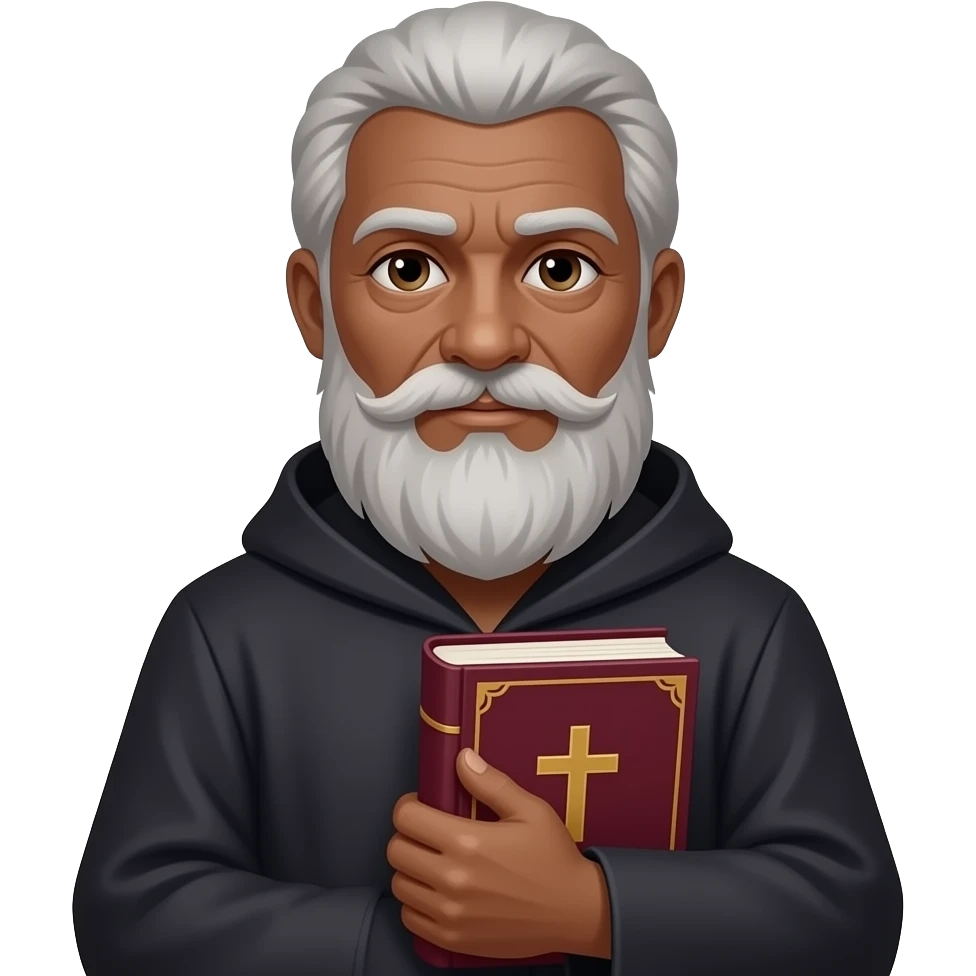 wise old man with grey hair robe slight brown eyes white beard dark brown skin with burgundy book that has a cross on it emoji