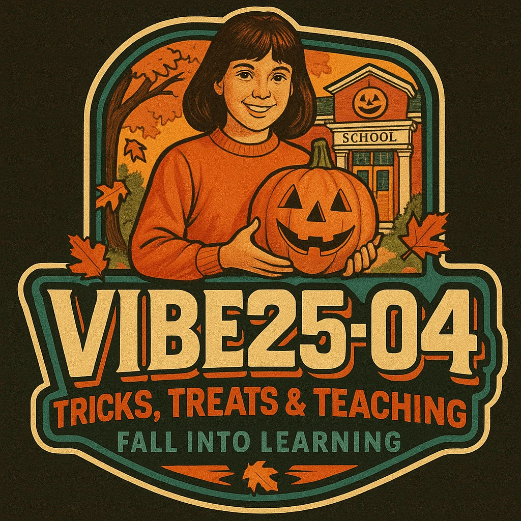 Create a logo that encompasses a retro 80's feel, nostalgic, ALSO RETRO.  Add the words "VIBE25-04: Tricks, Treats & Teaching: Fall Into Learning" emoji