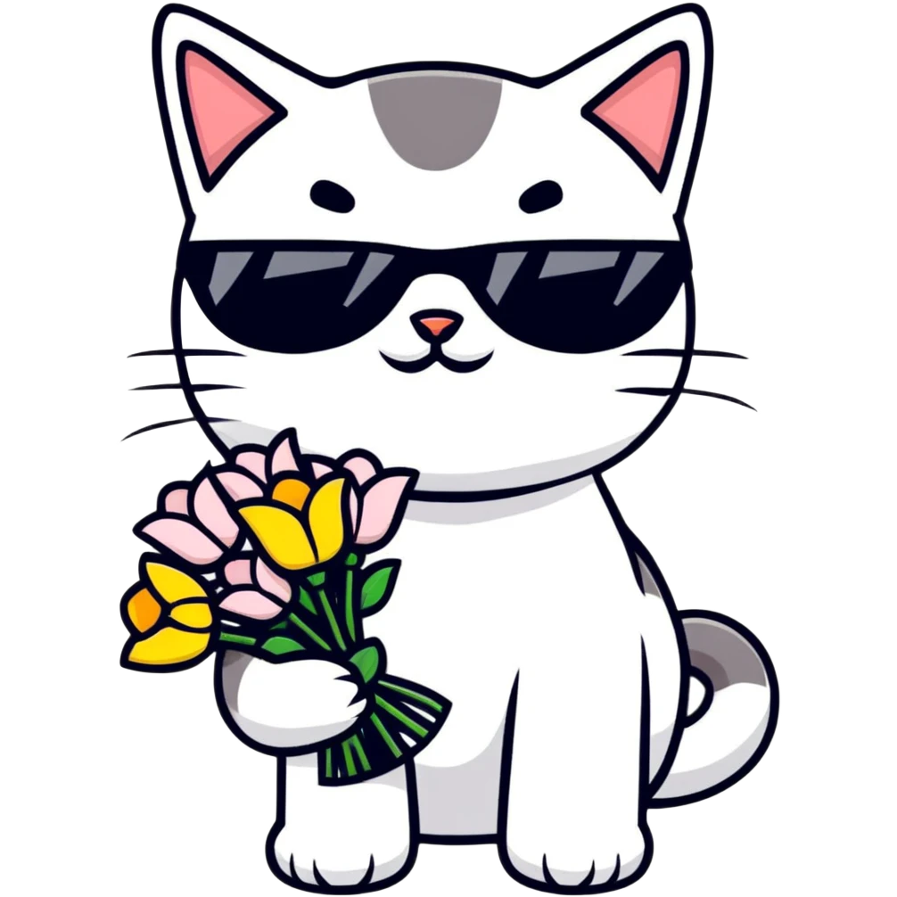 cat wearing sunglasses holding a bouquet of flowers emoji