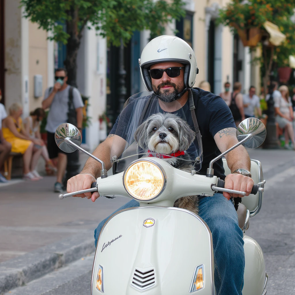 man and his pet dog riding a vespa emoji