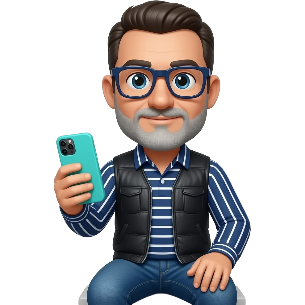 Señor sentado orejas grandes gafas cuadradas azul oscuras nariz grande y un poco de barba gris clara. Está con un teléfono móvil de funda turquesa y una camisa azul marino con líneas blancas verticales y horizontales encima un jersey sin mangas negro y vaqueros azules. emoji