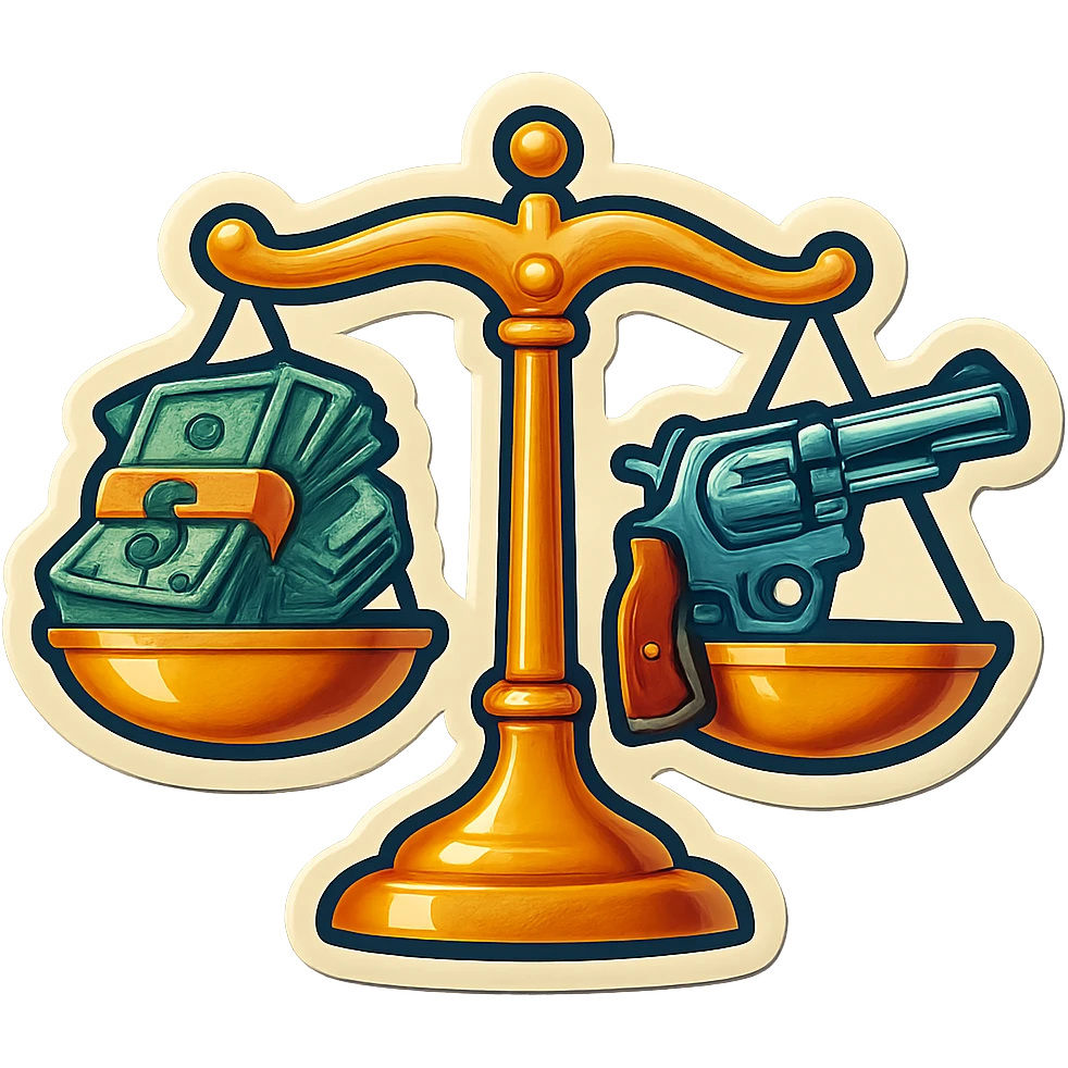 Весы, на одно чаше куча пачек долларов, на другой револьвер emoji