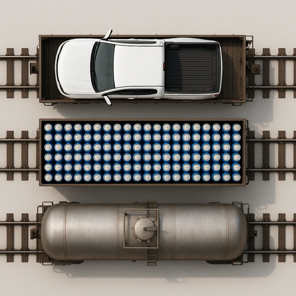 Вид строго сверху (top-down). Реалистичный грузовой поезд из трёх вагонов.
Вагон 1: внутри одна большая белая машина Chevrolet (без логотипов и без каких-либо надписей).
Вагон 2: много одинаковых банок синего цвета, похожих на напиток Pepsi, уложенных плотными рядами, но без логотипов и надписей.
Вагон 3: железнодорожная цистерна для газа, полностью реалистичная, без надписей, без маркировки, без символов.
Ничего не обрезано, весь поезд полностью помещается в кадр сверху. Чистый нейтральный фон, без окружения. Максимальная реалистичность, ровный свет. emoji