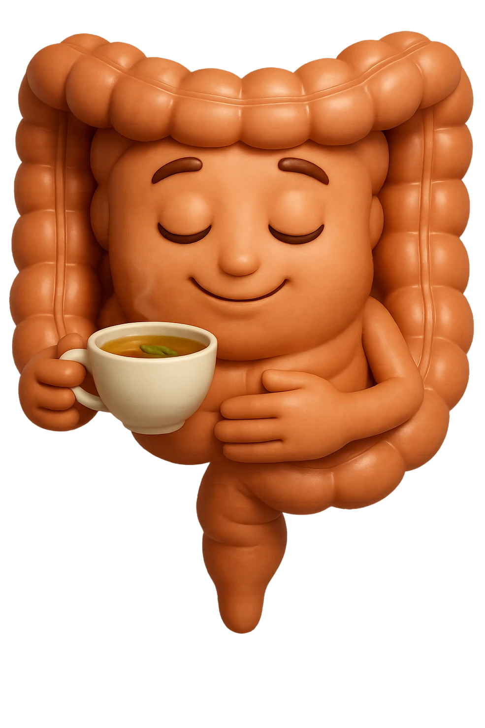 emoji stile iphone 3d di intestino umano sereno che si tocca la pancia mentre sorseggia un thè alle erbe, iperrealistico 4k emoji