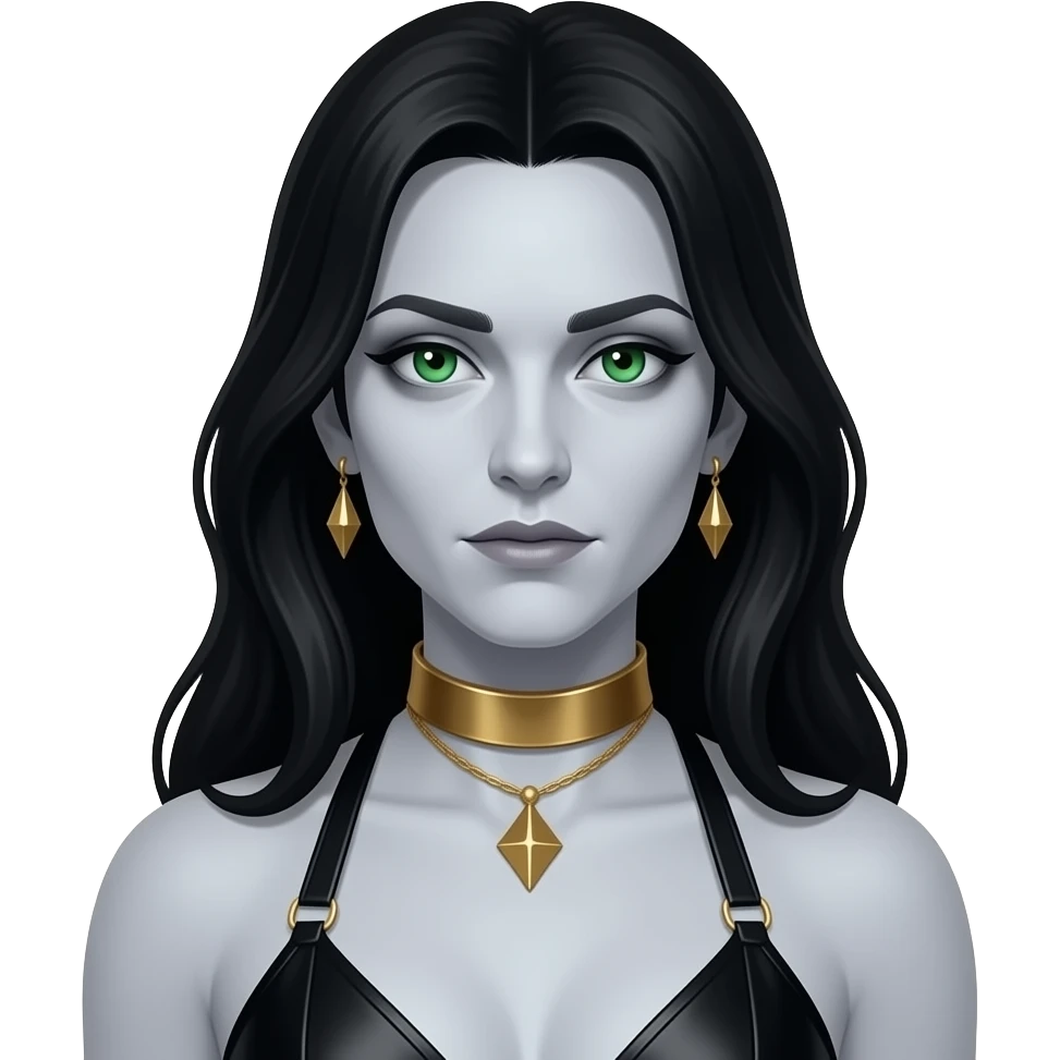Lestat from The Vampire Chronicles with pale-grey skin, green eyes, long black hair, black metallic halter dress, gold collar, gold earrings emoji