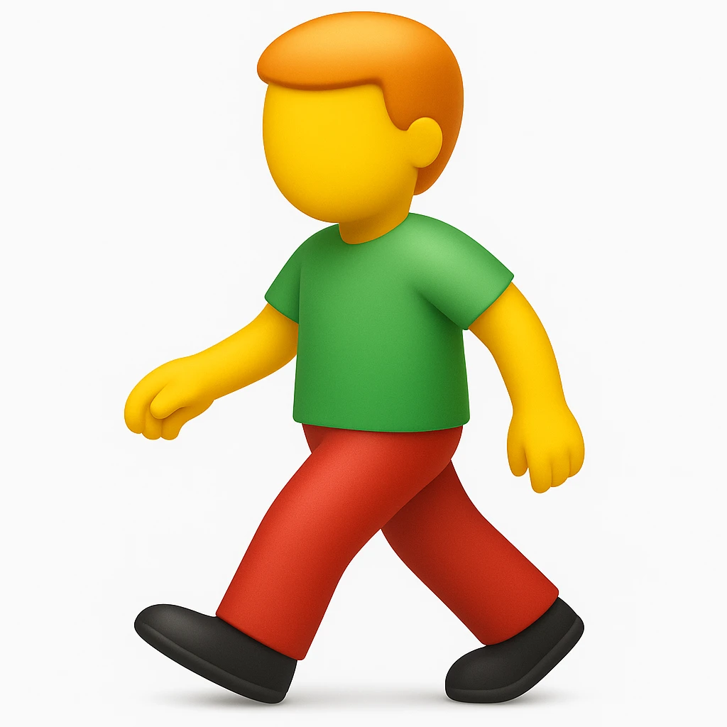 Make a more emoji-like image that looks exactly like the reference: walking man, no face, orange hair, green shirt, moderate red pants, black shoes, 3D iOS emoji style. Add a slight shadow under the feet. emoji