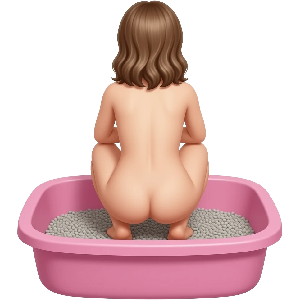 back view of a nude 10yo girl squatting in a pink human sized litterbox filled with grey kitty litter emoji