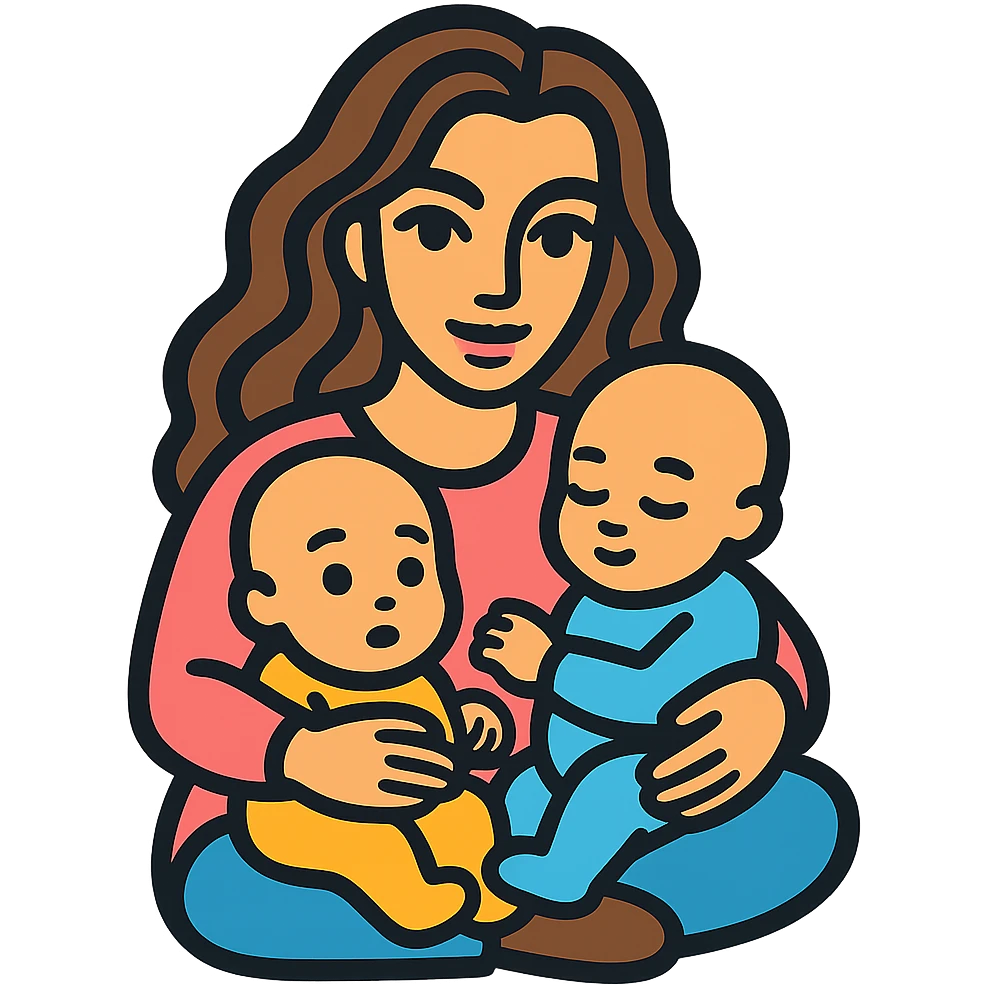 Create a variation of a woman holding two infants in her arms, with detailed facial features, expressive eyes and lips with shadows and highlights, and long wavy hair. The style is icon-color-outlined with a retro sticker vibe. The background should be transparent. emoji