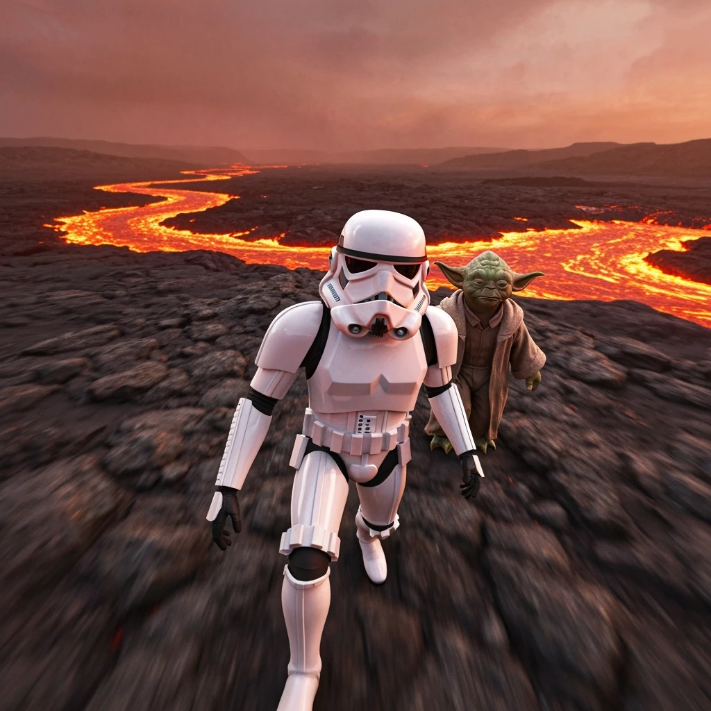 Camera POV, Starwars stormtroopers vlogging selfie, he is walking on lava planet with yoda emoji