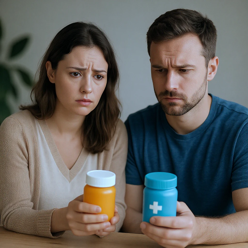 two normal people with concerned expressions, considering two medical product options, realistic style, neutral background emoji