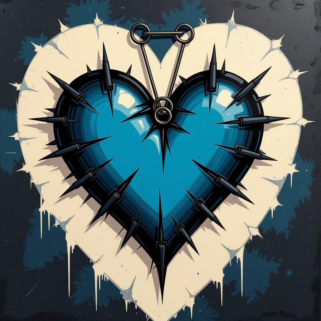 emo heart, jagged edges, black and blue colors, small safety pin, modern emo aesthetic emoji