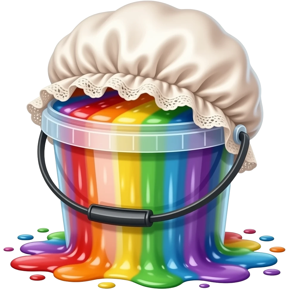 A bucket of rainbow paint pouring over. With a satin hair bonnet on top of the bucket. emoji