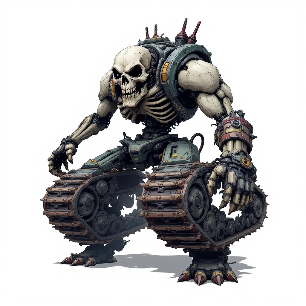 Keep the original skull tank character exactly as shown, but replace its legs with large, meaty tank treads. No Viking elements, no changes to the skull tank's design except for the tank treads. Aggressive, mechanical, battle-ready pose, in flux pro style. emoji