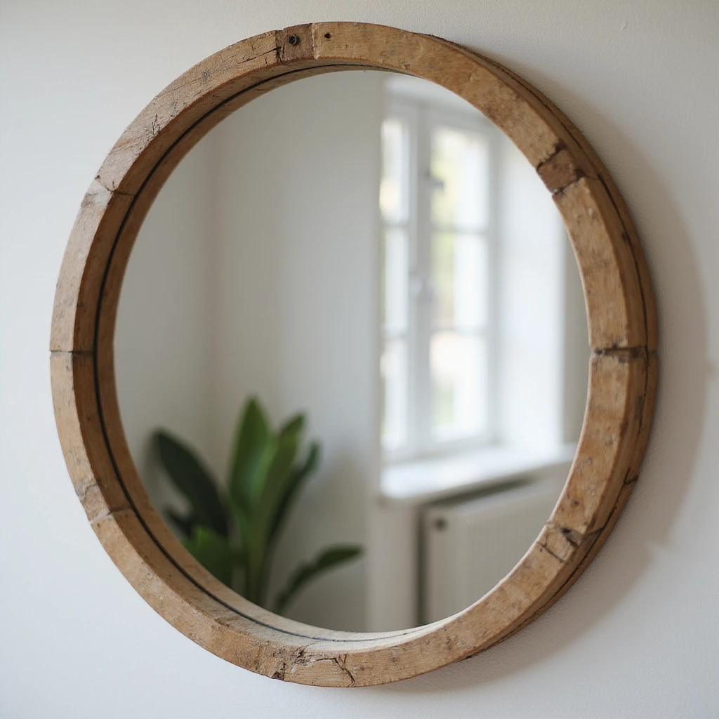 A realistic mirror with a wooden frame reflecting a room, photorealistic style. emoji