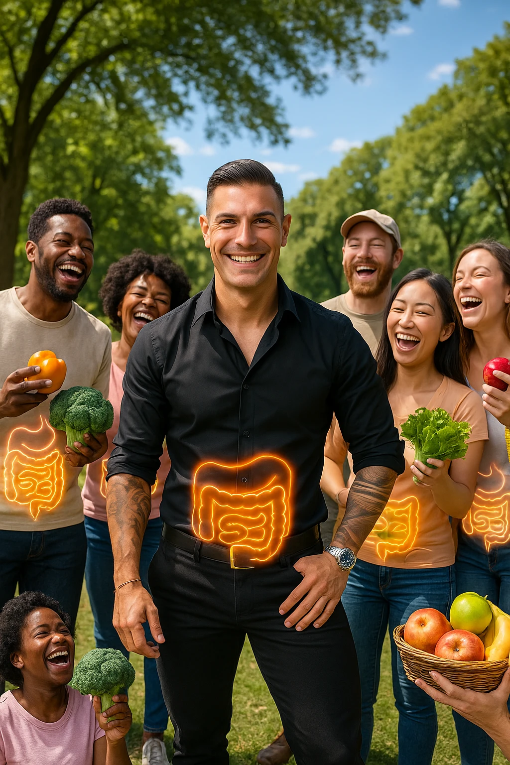  a smiling man stands at the center of a group of diverse, happy people in a bright park. Everyone has a subtle, glowing outline around their abdominal area, symbolizing a healthy gut. The group is laughing, sharing fresh fruits and vegetables, and the atmosphere is vibrant and full of energy. emoji