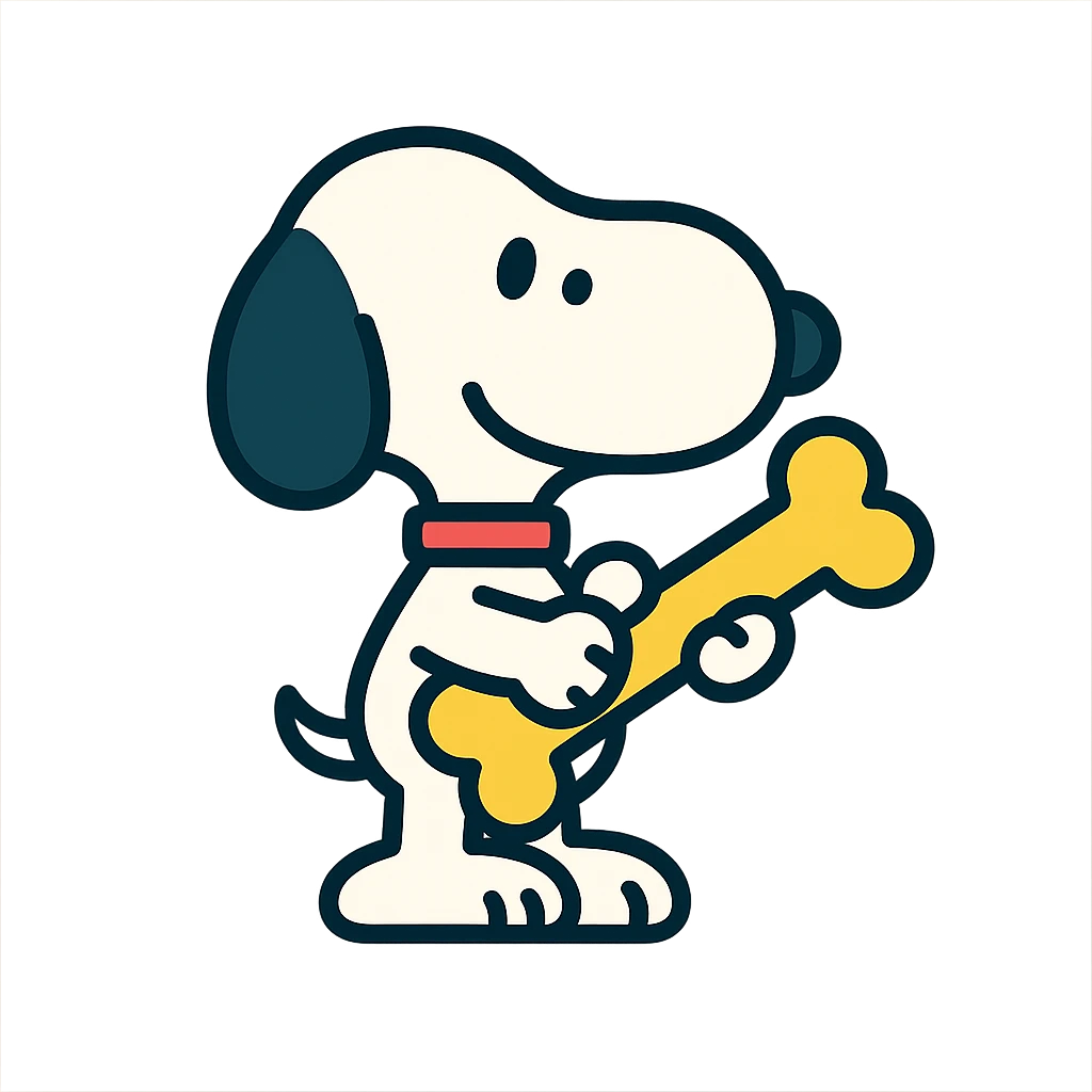 Snoopy, outlined and colorful, holding a bone emoji
