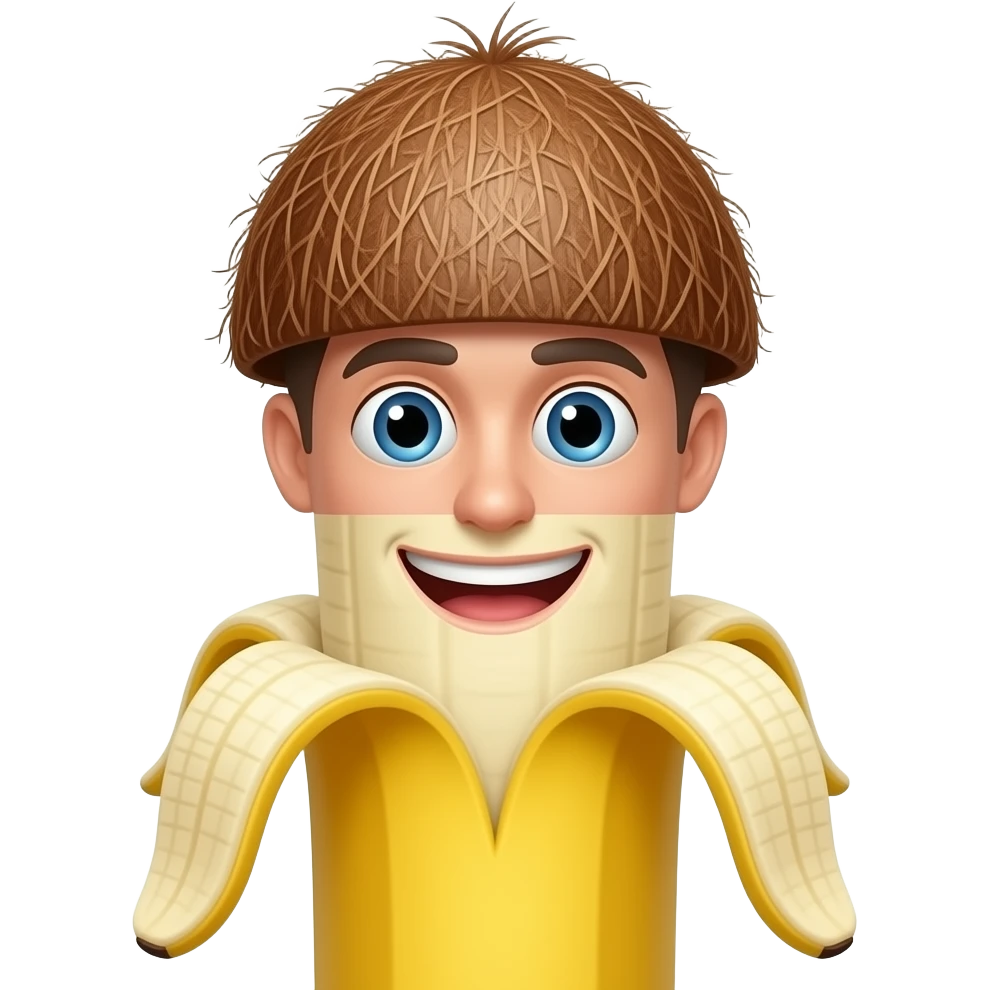 A man with a head made of a shaggy coconut and a body made of a banana - a funny  emoji. emoji