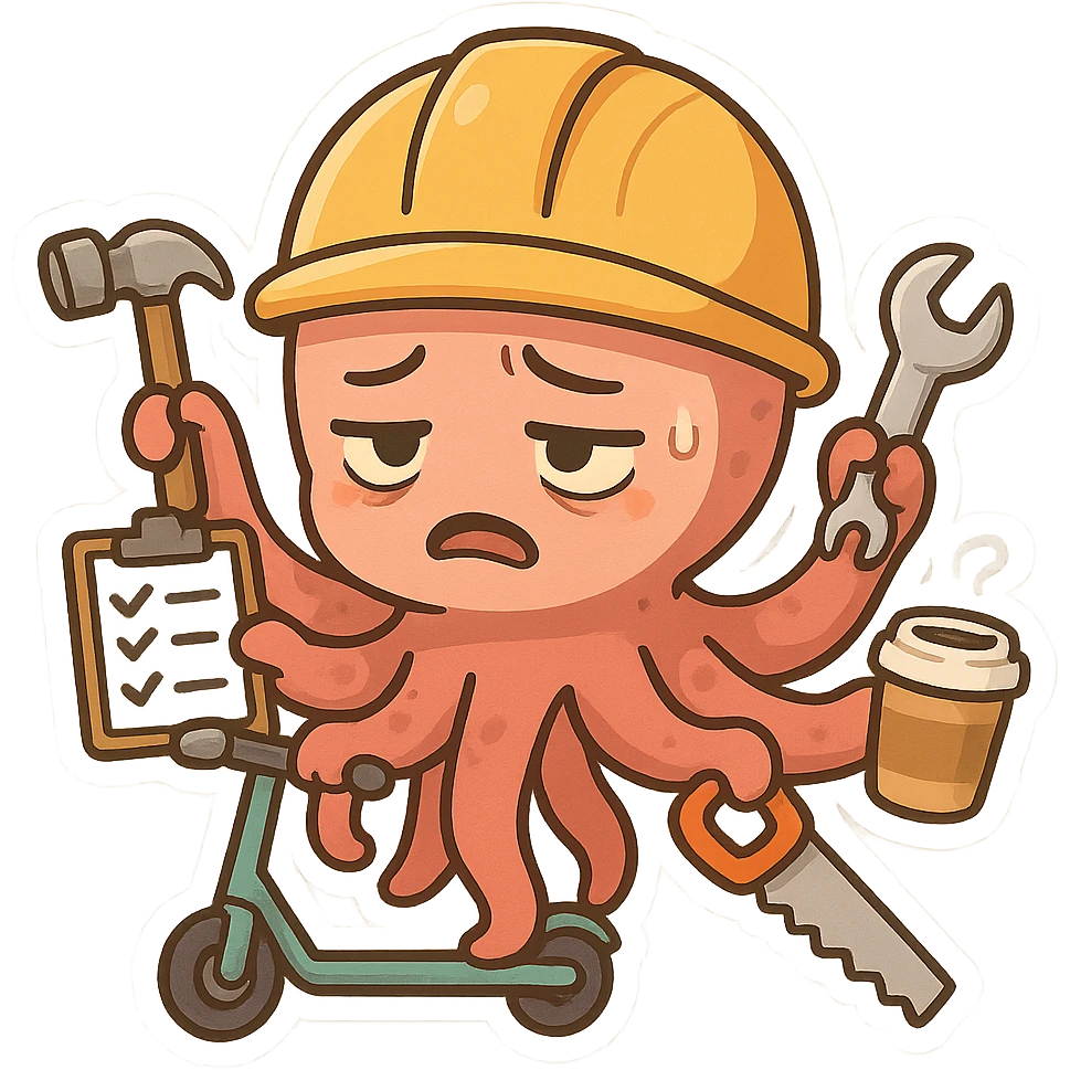 An overwhelmed construction worker with an octopus body and helmet, tired expression. Tentacles grasp a hammer, checklist, wrench, saw, coffee cup, and electric scooter, emphasizing multitasking and stress. emoji