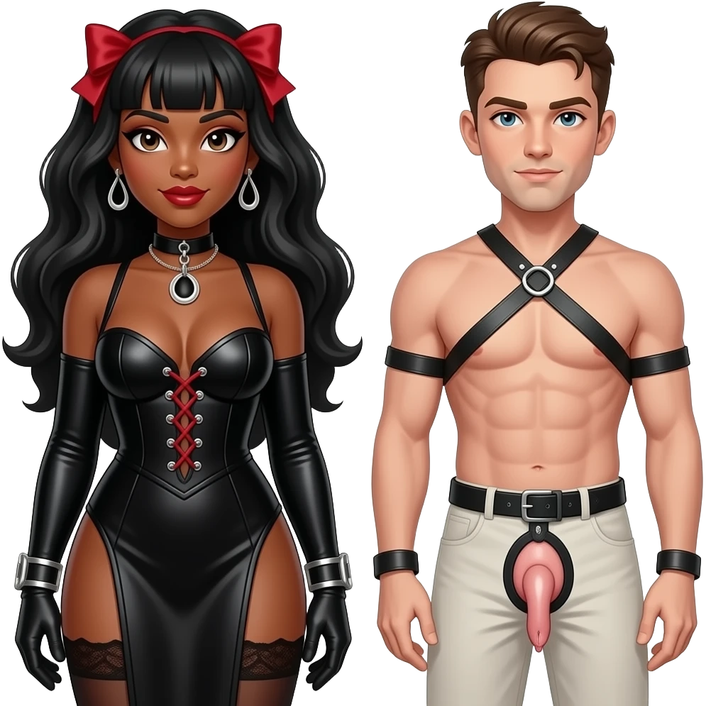 Ebony dominatrix takes White slave with a strapon penis. The slave has his penis in a chastity cage. emoji