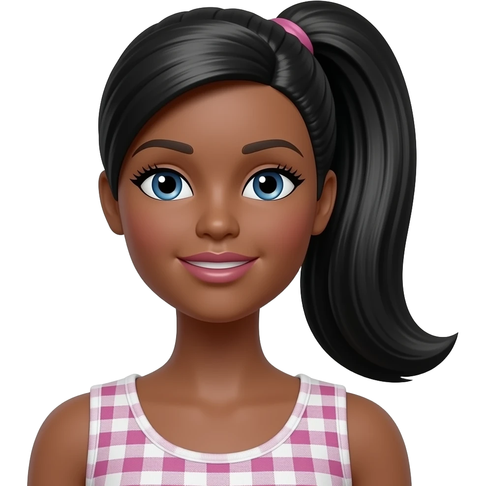 Black barbie from the chest up, front profile, give her a ponytail emoji