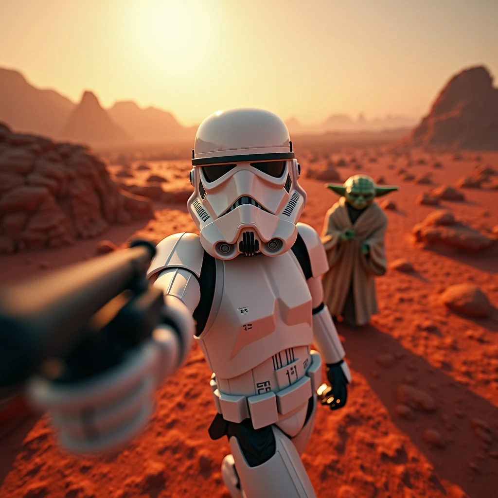 Camera POV, Starwars stormtroopers vlogging selfie, he is walking on lava planet with yoda emoji